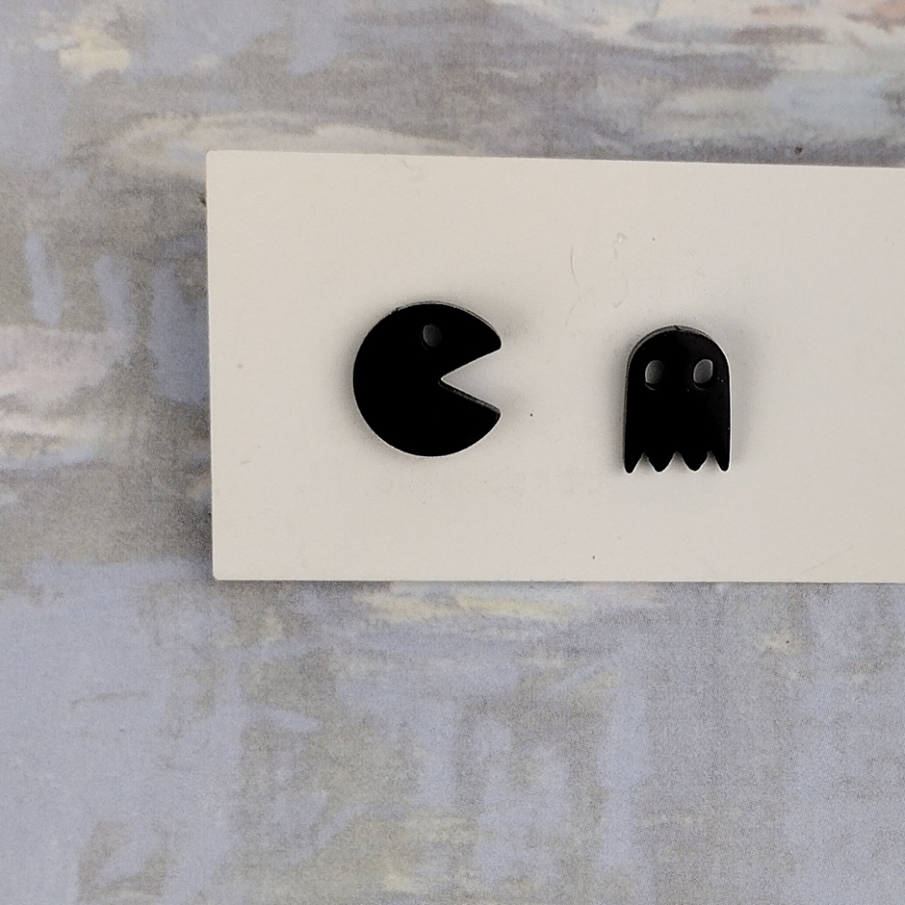 Pac-Man & Ghost Black Stud Earrings